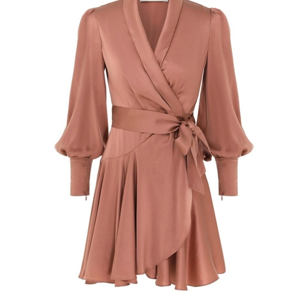 Pink Wrap Dress with Bishop Sleeves and V-Neck